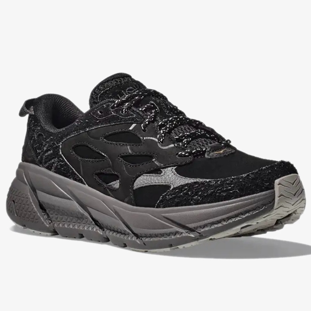 NWT Hoka Clifton Elite Terrain System L Suede Leather All Black Unisex Sneakers